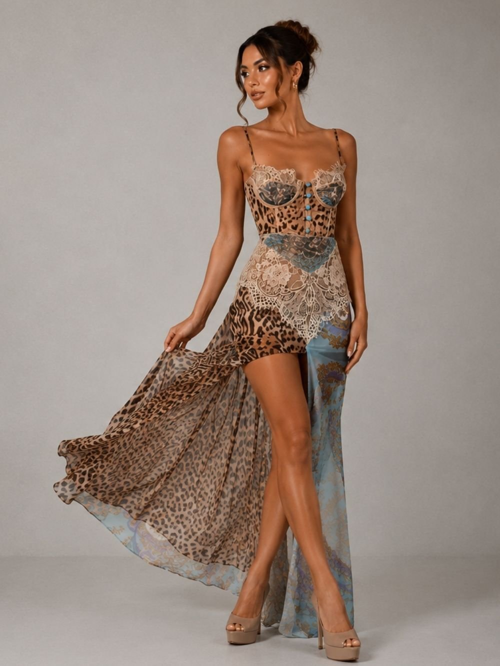 Lace Patchwork Leopard Maxi Dress for Women SK59982 - Image 2