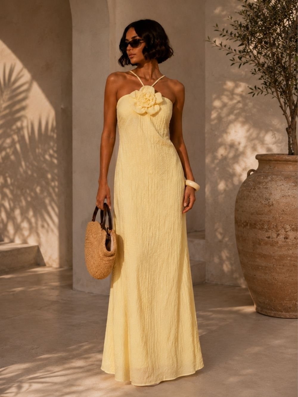 Butter Yellow Floral Halter Maxi Dress for Women SK60972 - Image 5