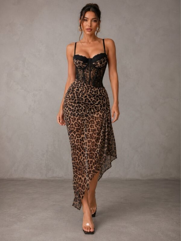 women leopard print lace corset midi dress with asymmetric draped skirt