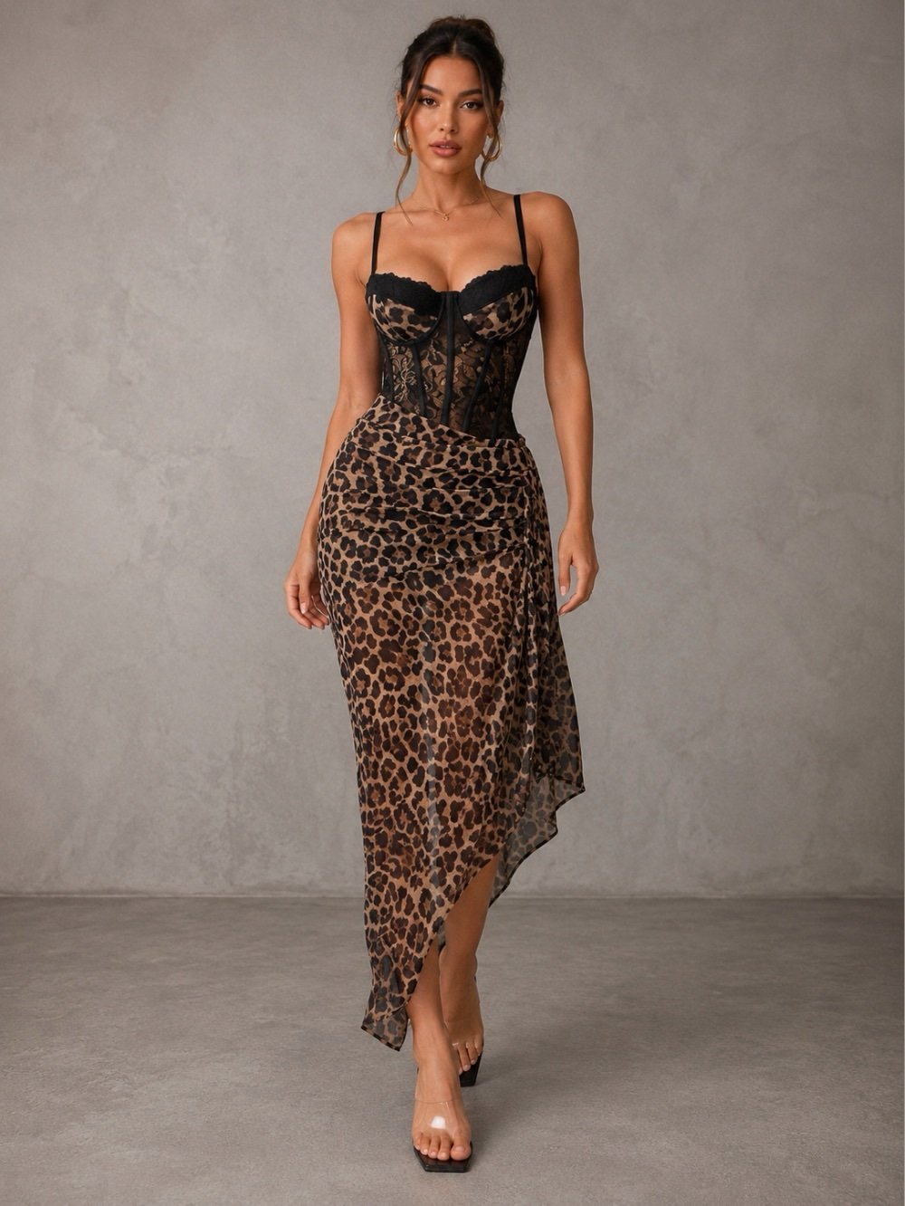 women leopard print lace corset midi dress with asymmetric draped skirt