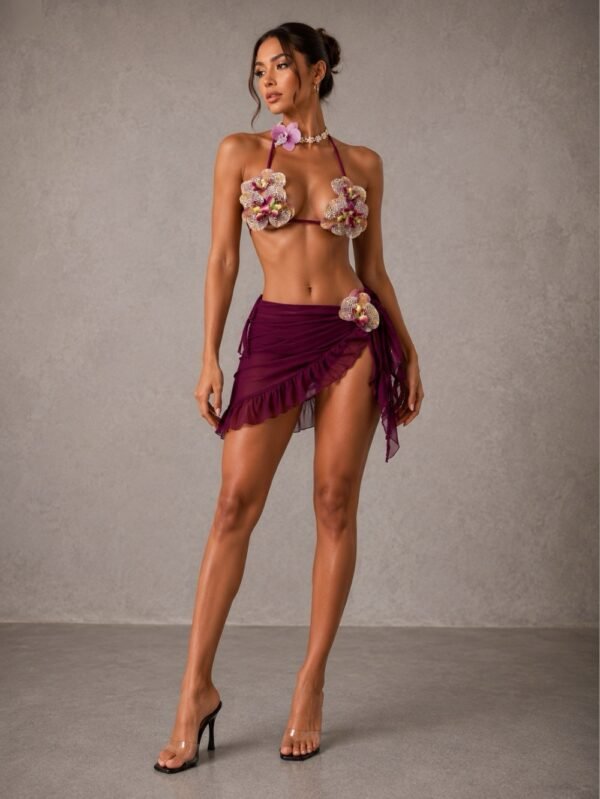 women floral appliqué bikini set with sheer asymmetric beach skirt