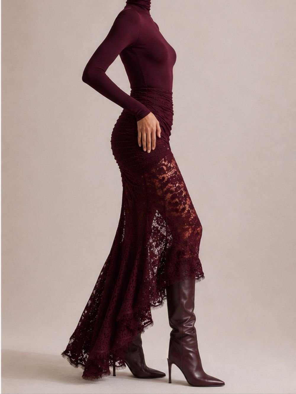 Burgundy Lace Mermaid Maxi Dress for Women SK60852 - Image 2