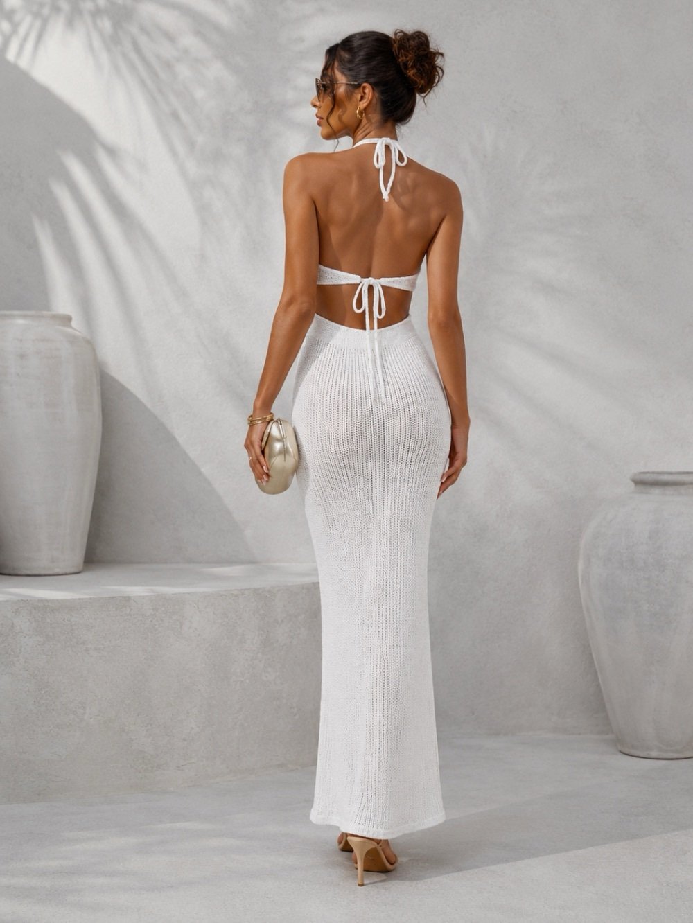 White Knit Cut-Out Maxi Dress for Women - Image 4