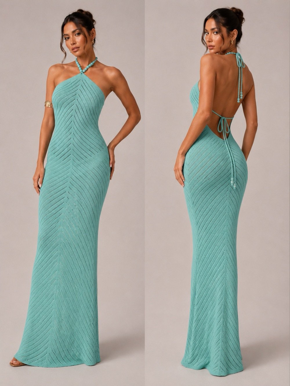 Mint Crochet Halter Maxi Dress for Women - Image 3