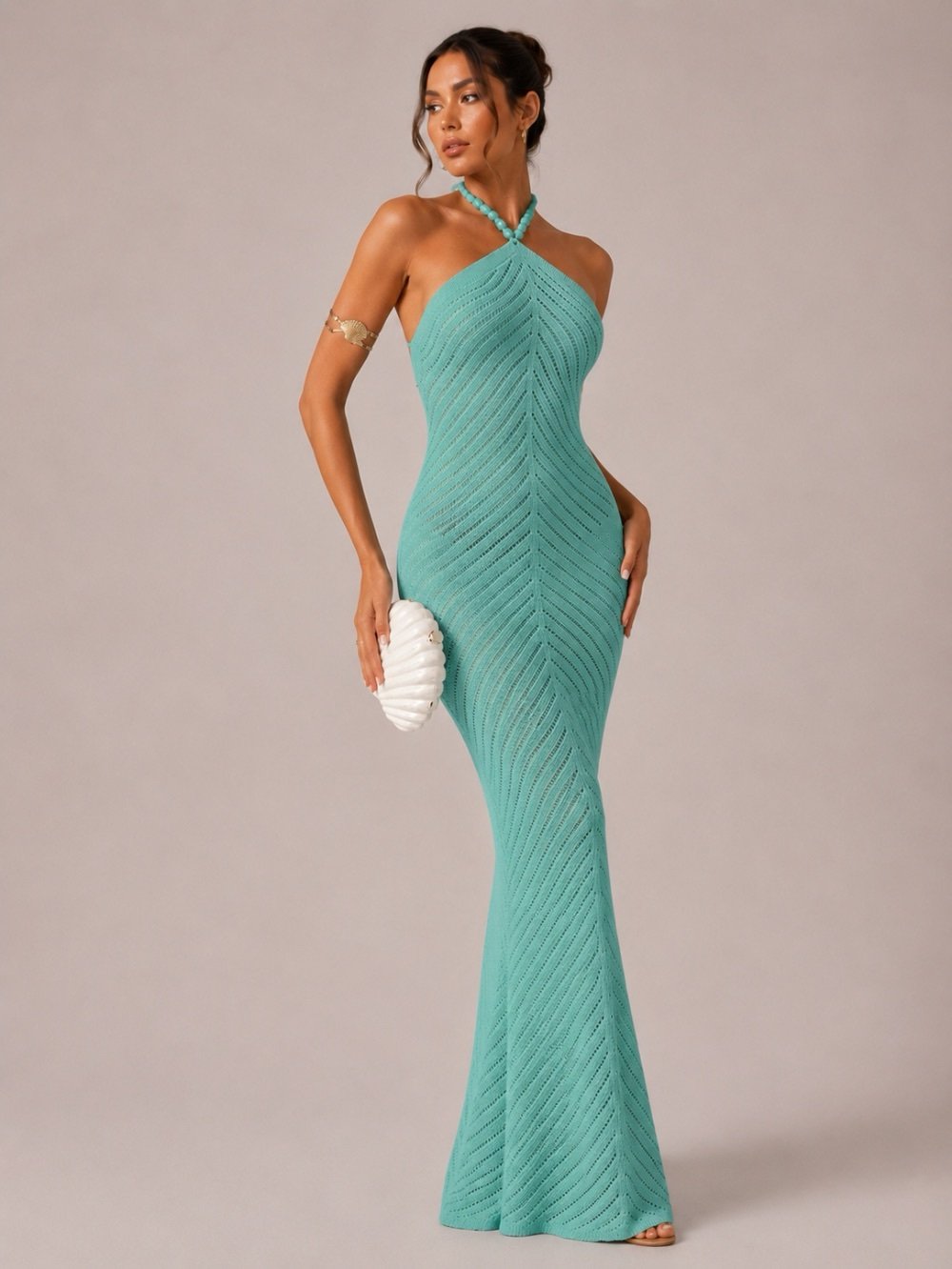 Mint Crochet Halter Maxi Dress for Women - Image 2