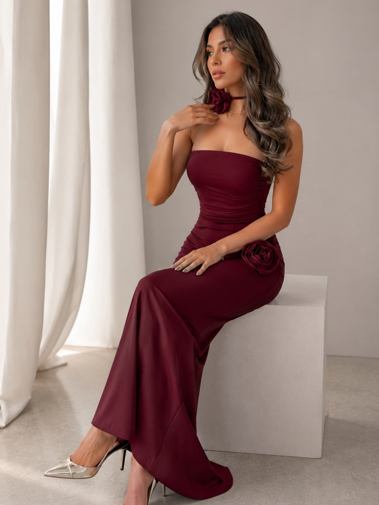 Burgundy Rose Choker Maxi Dress SK61399 - Image 4