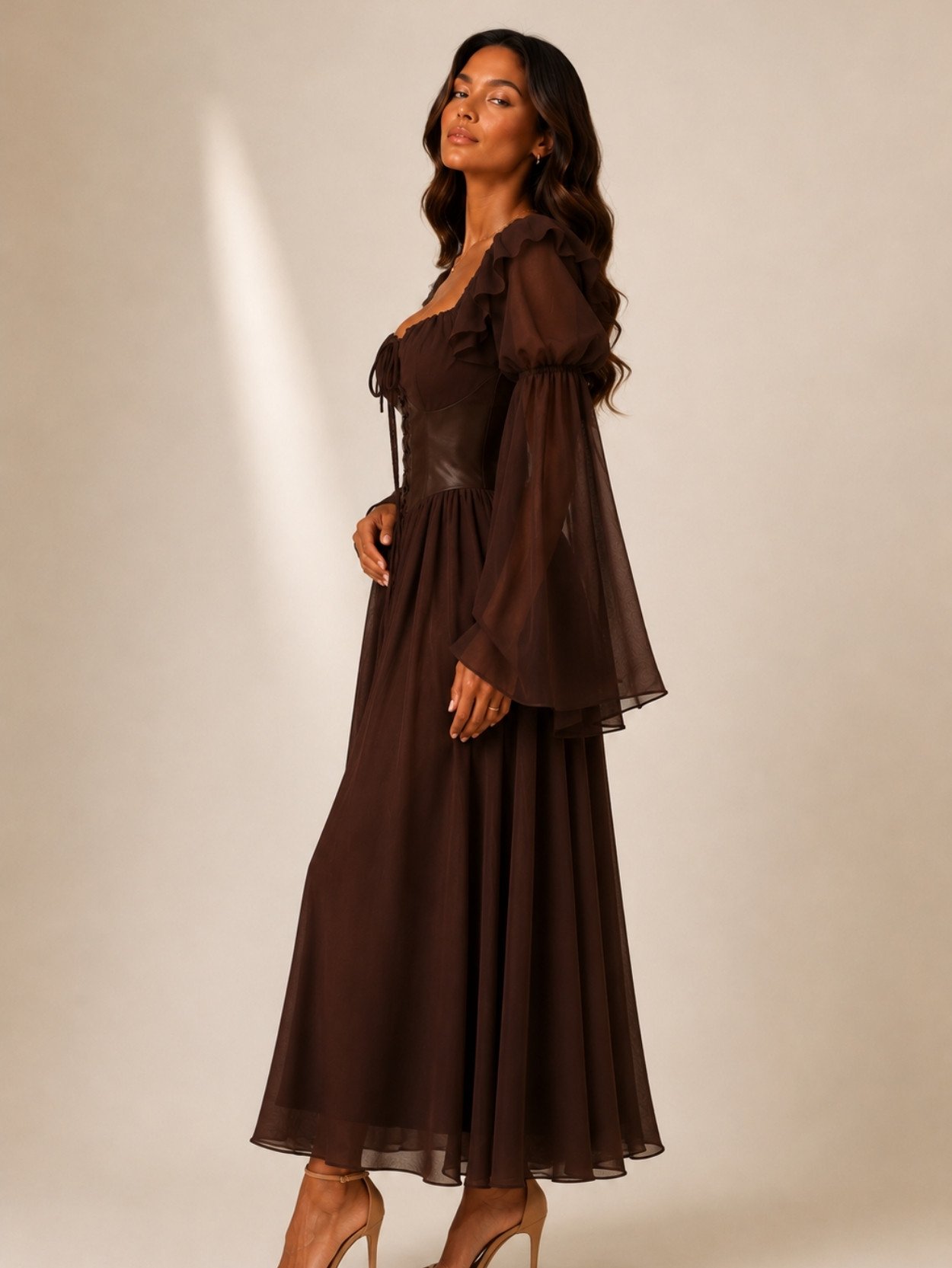 Chocolate Brown Corset Renaissance Maxi Dress with Bell Sleeves SK61473 - Image 2
