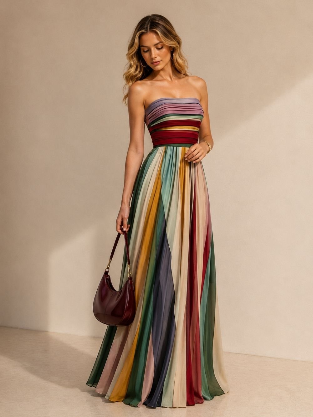 Rainbow Pleated Strapless Maxi Dress SK61249