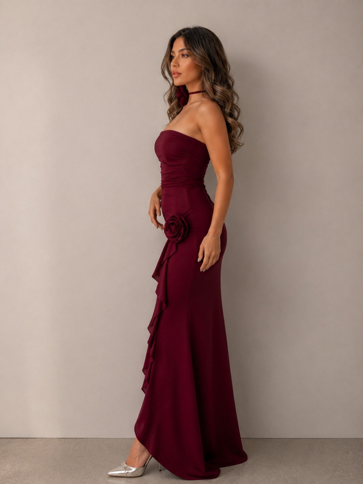 Burgundy Rose Choker Maxi Dress SK61399 - Image 5