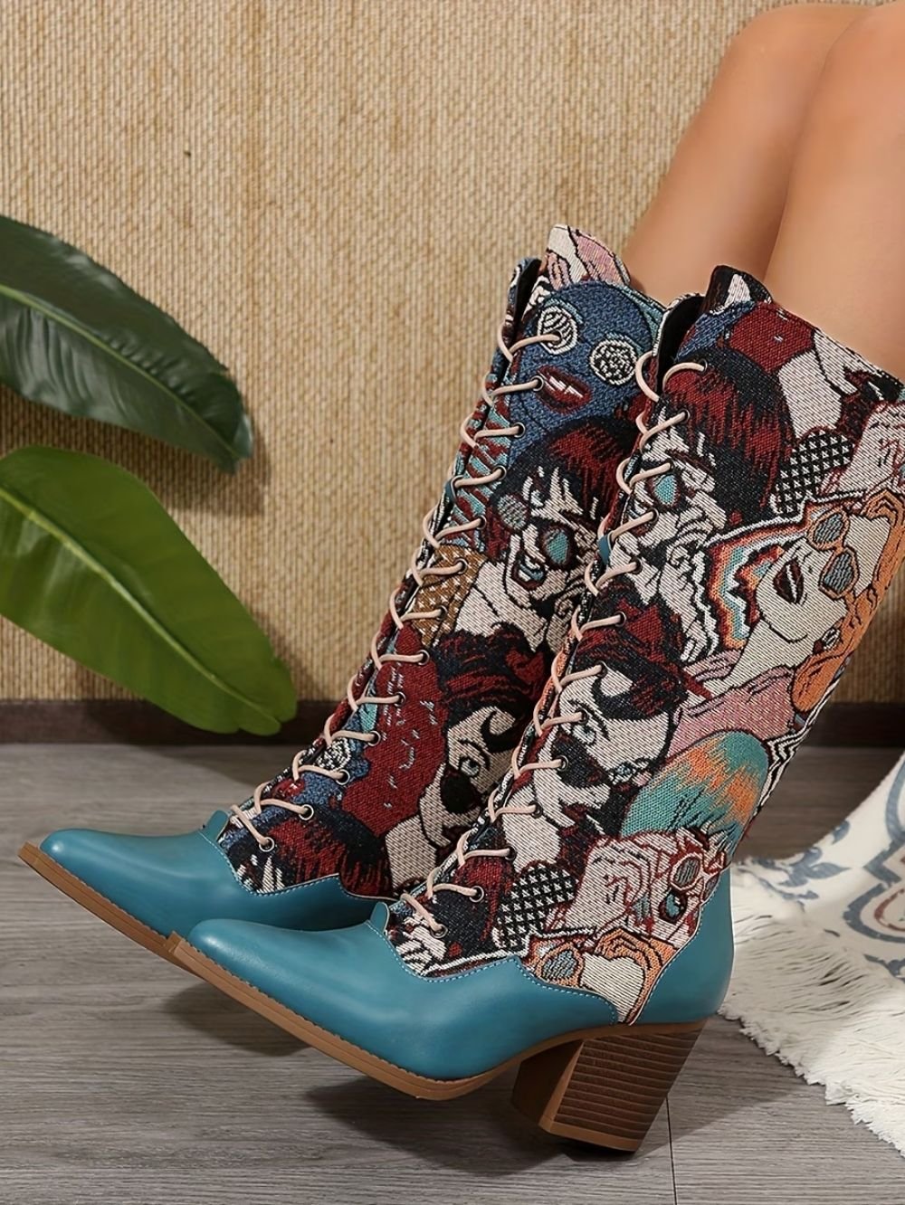 Art Print Lace-Up Mid Calf Boots for Women SK61040 - Image 4