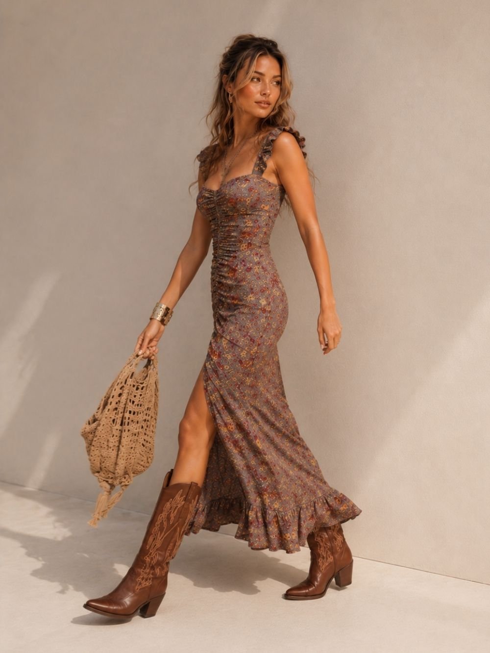 Vintage Floral Ruched Maxi Dress SK61235 - Image 4