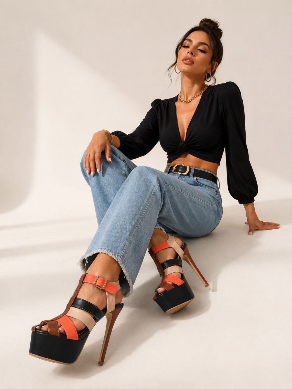 Color Block Platform T-Strap Heels for Women SK61161 - Image 3