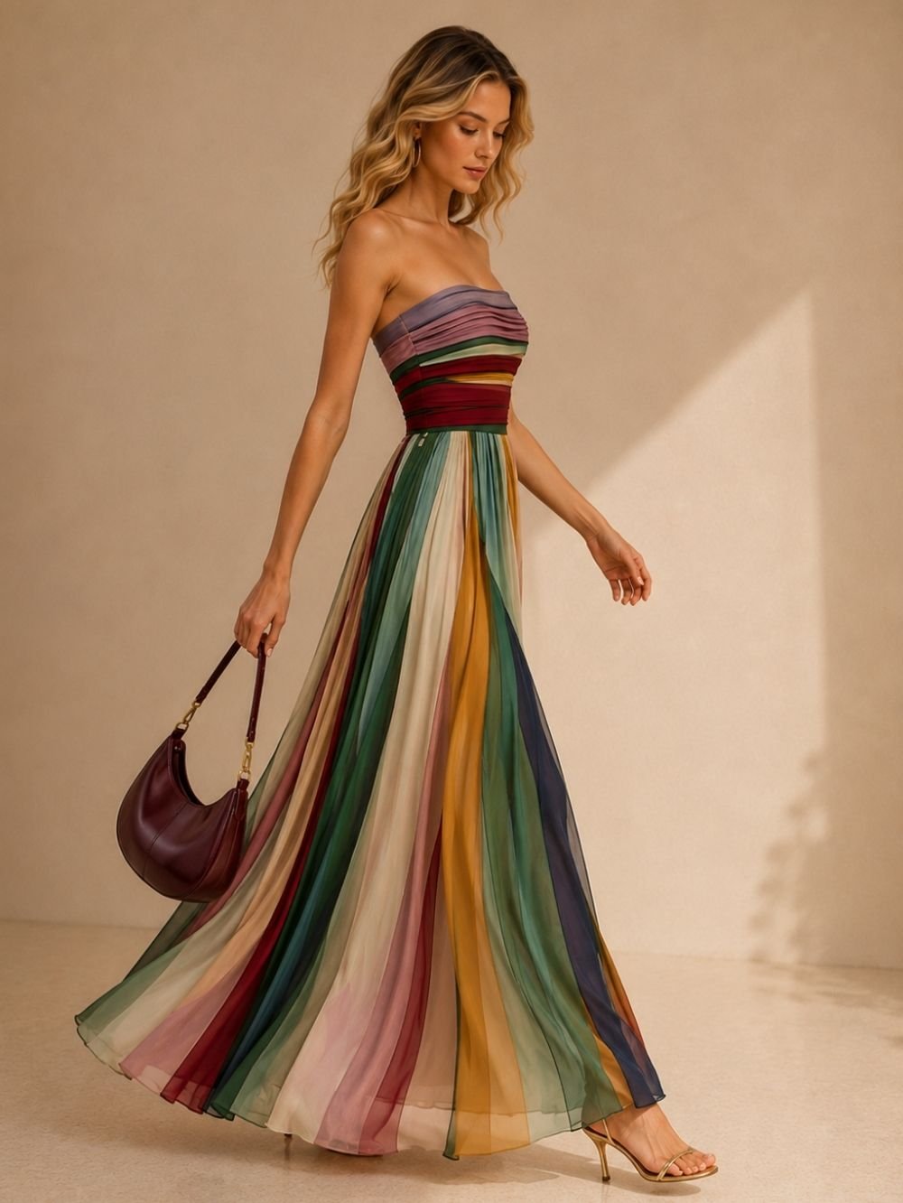 Rainbow Pleated Strapless Maxi Dress SK61249 - Image 3