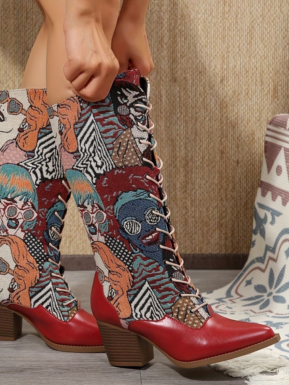 Art Print Lace-Up Mid Calf Boots for Women SK61040 - Image 5