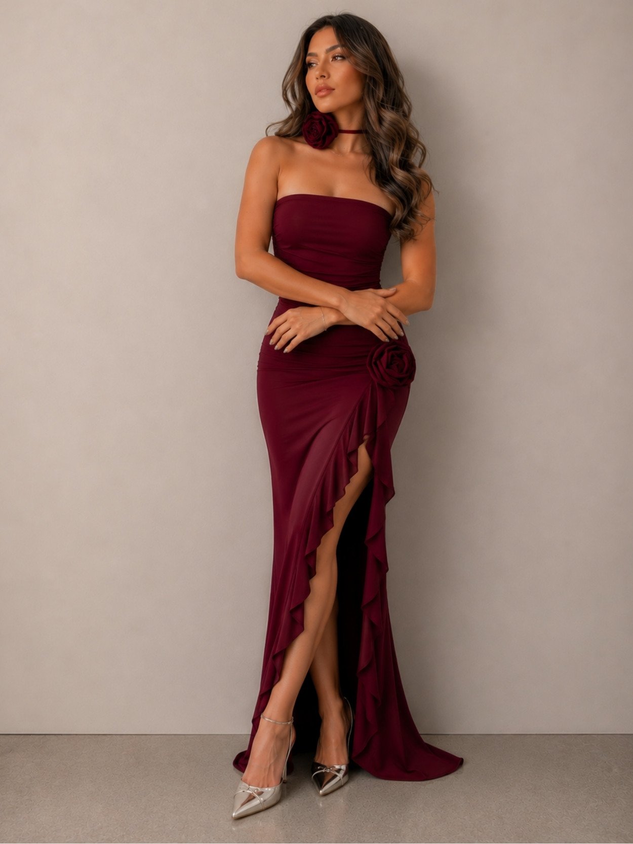 Burgundy Rose Choker Maxi Dress SK61399