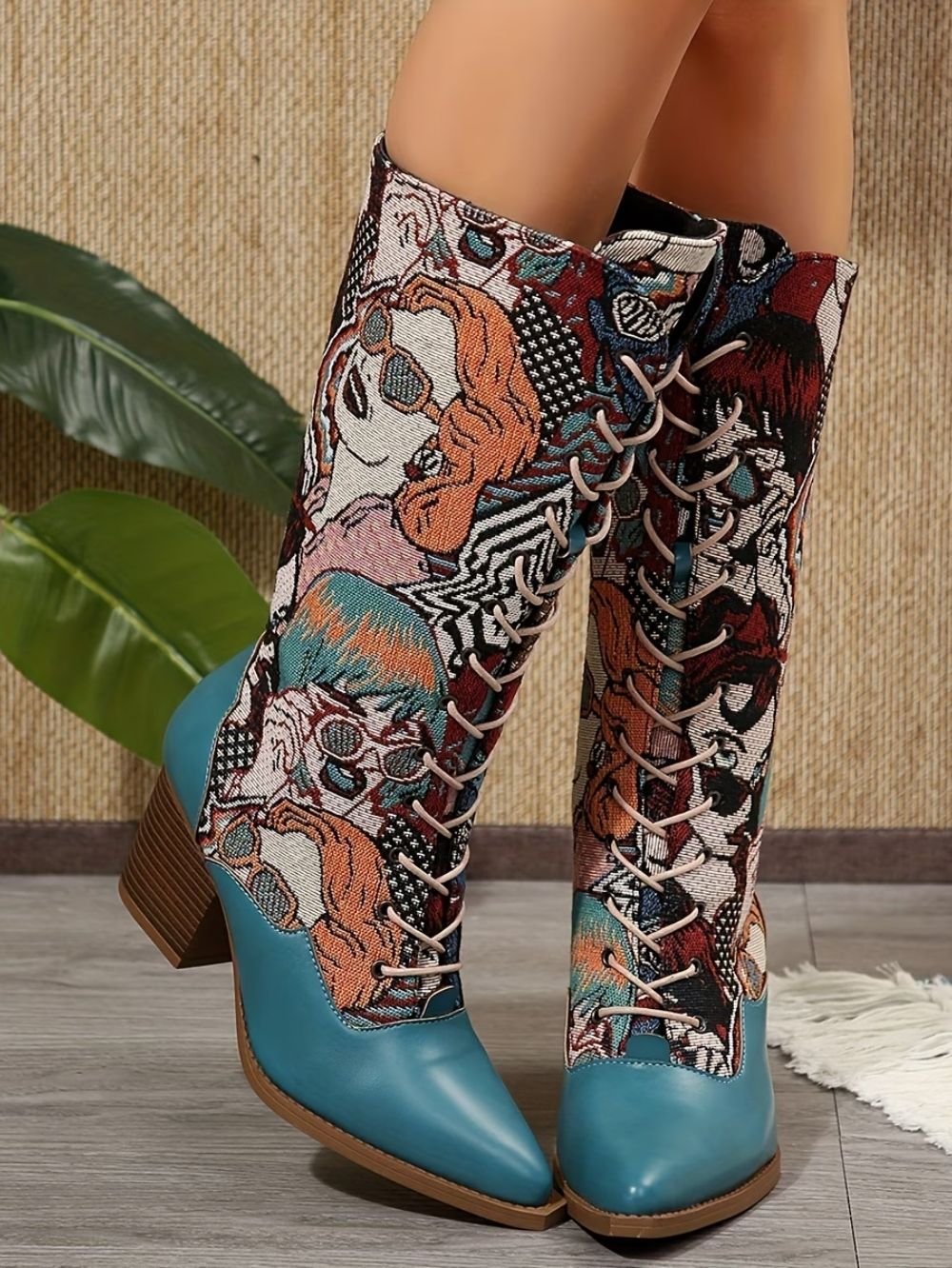 Art Print Lace-Up Mid Calf Boots for Women SK61040 - Image 3