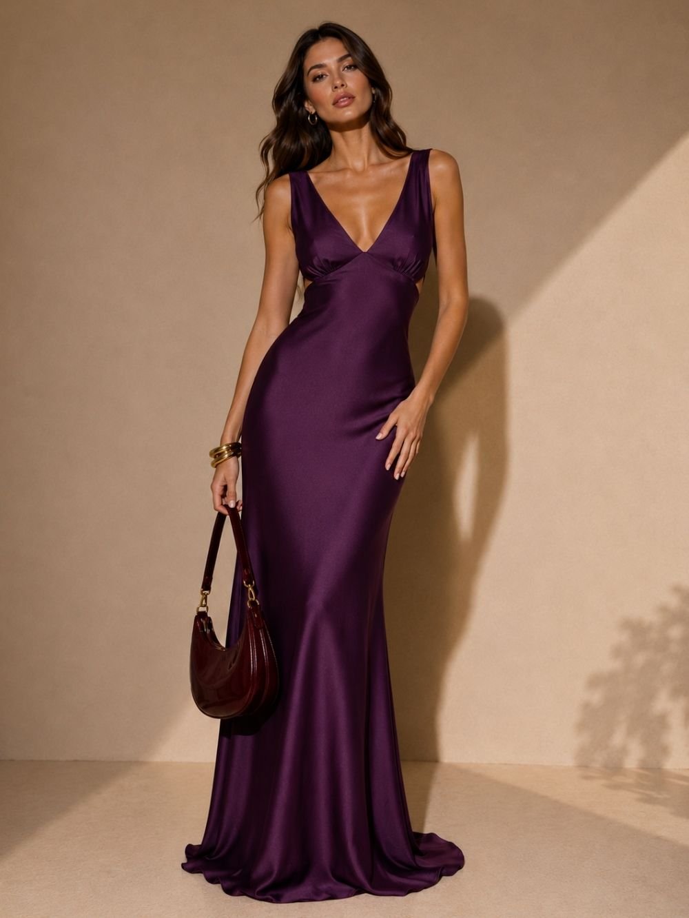 Plum Satin Mermaid Maxi Dress SK61257 - Image 3