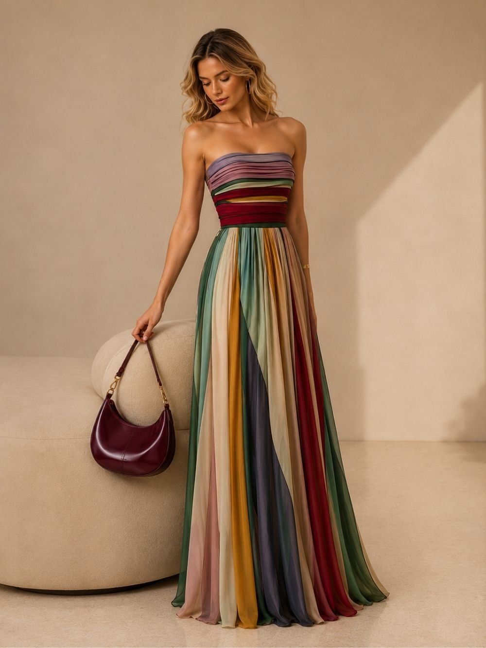 Rainbow Pleated Strapless Maxi Dress SK61249 - Image 2