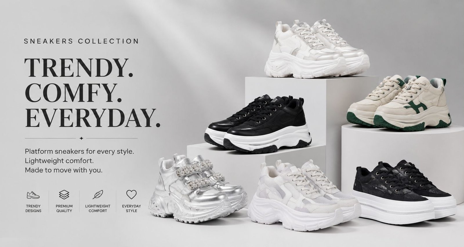 Women's sneakers collection featuring trendy platform sneakers and modern fashion footwear