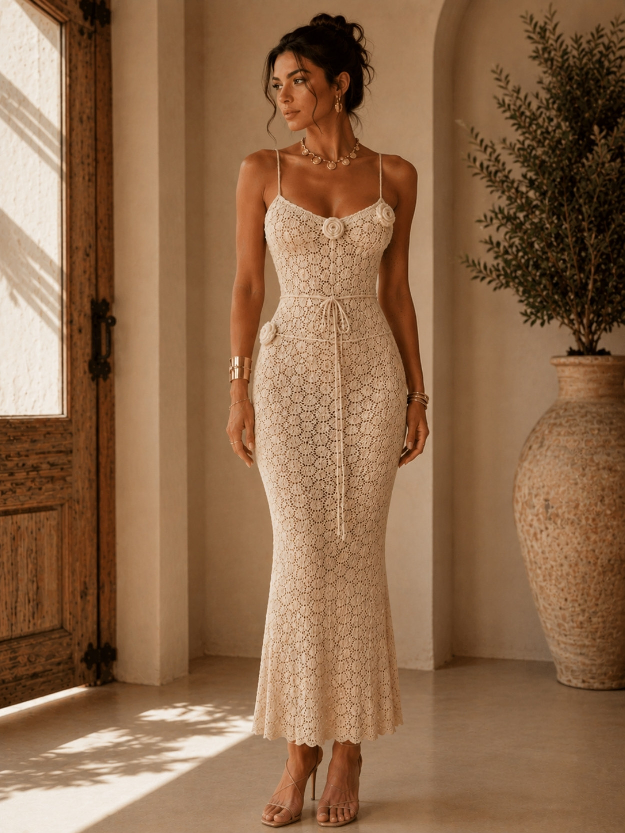 Beige Crochet Knit Bodycon Maxi Dress SK61850 - Image 5