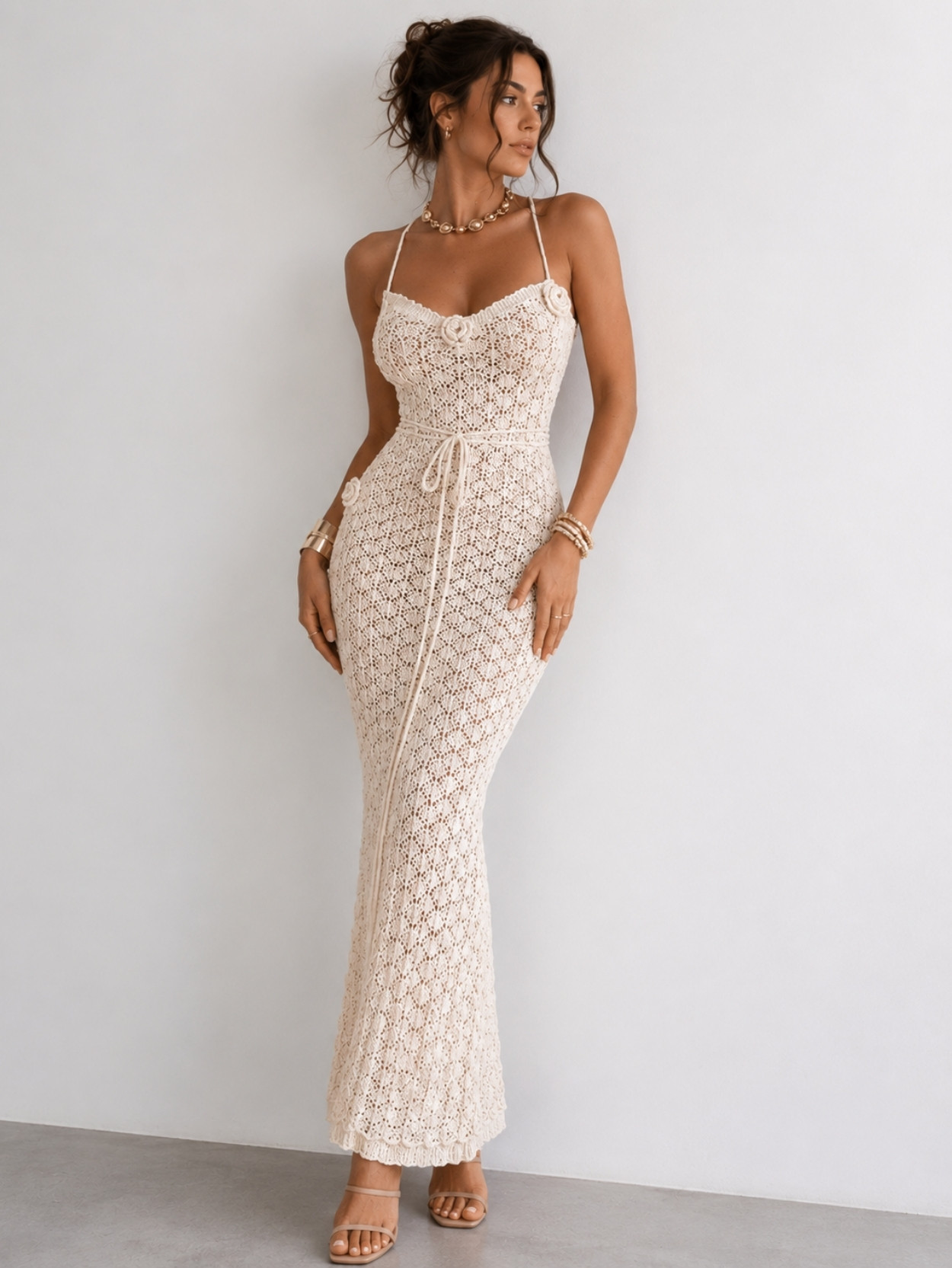 Beige Crochet Knit Bodycon Maxi Dress SK61850