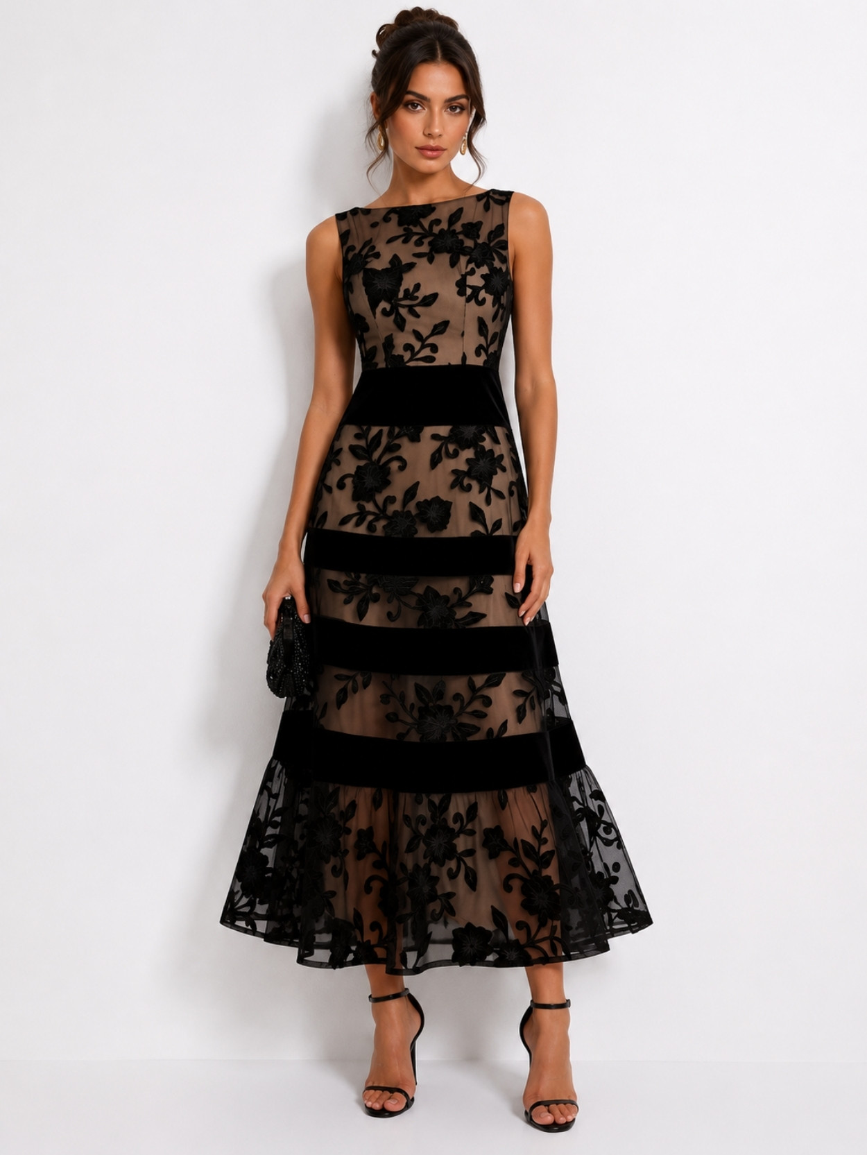 Black Floral Embroidered Mesh Midi Dress SK61908