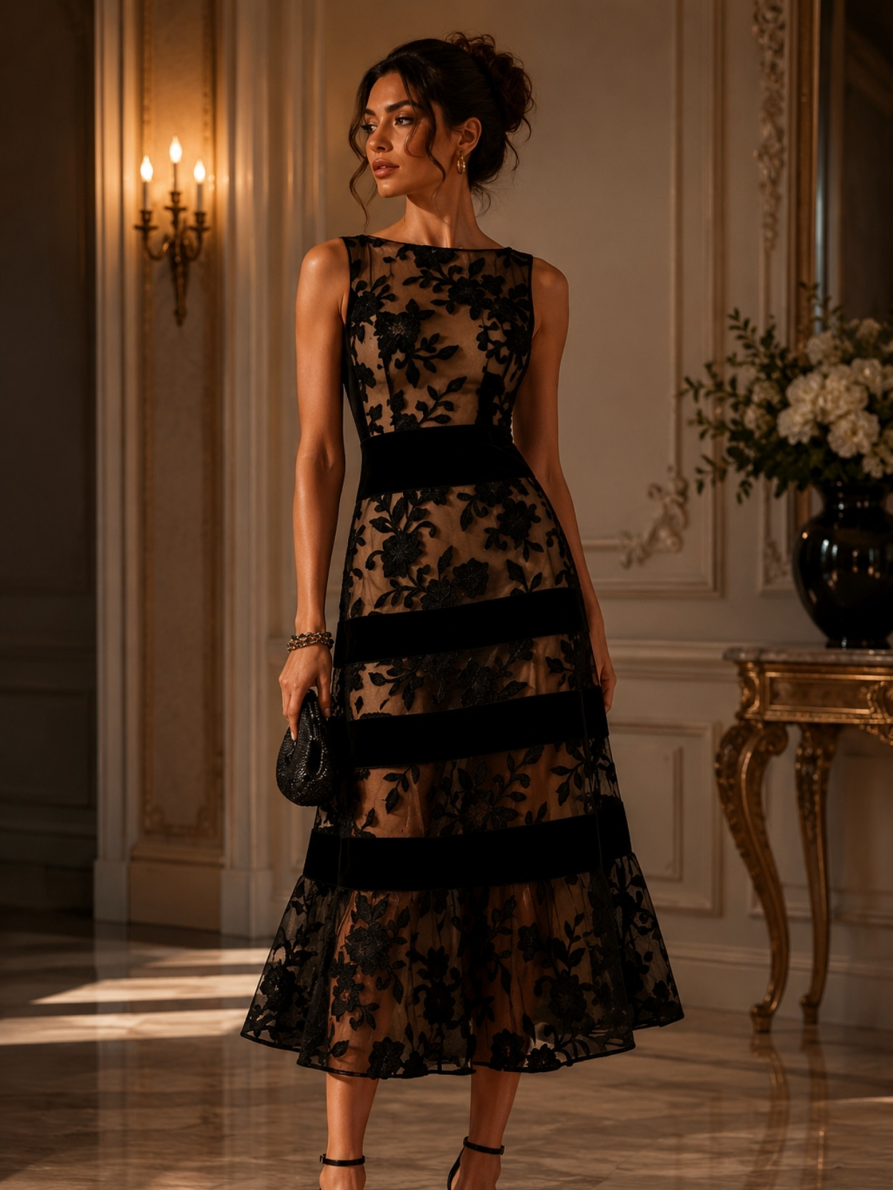 Black Floral Embroidered Mesh Midi Dress SK61908 - Image 4