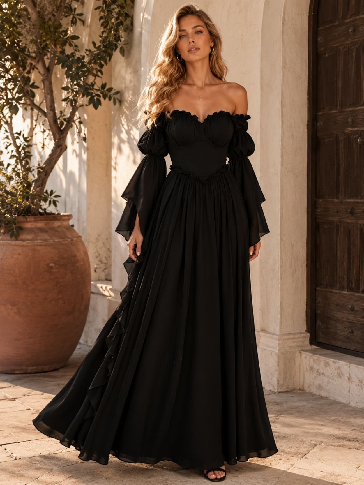 White Off Shoulder Puff Sleeve Maxi Dress SK61758 - Image 6