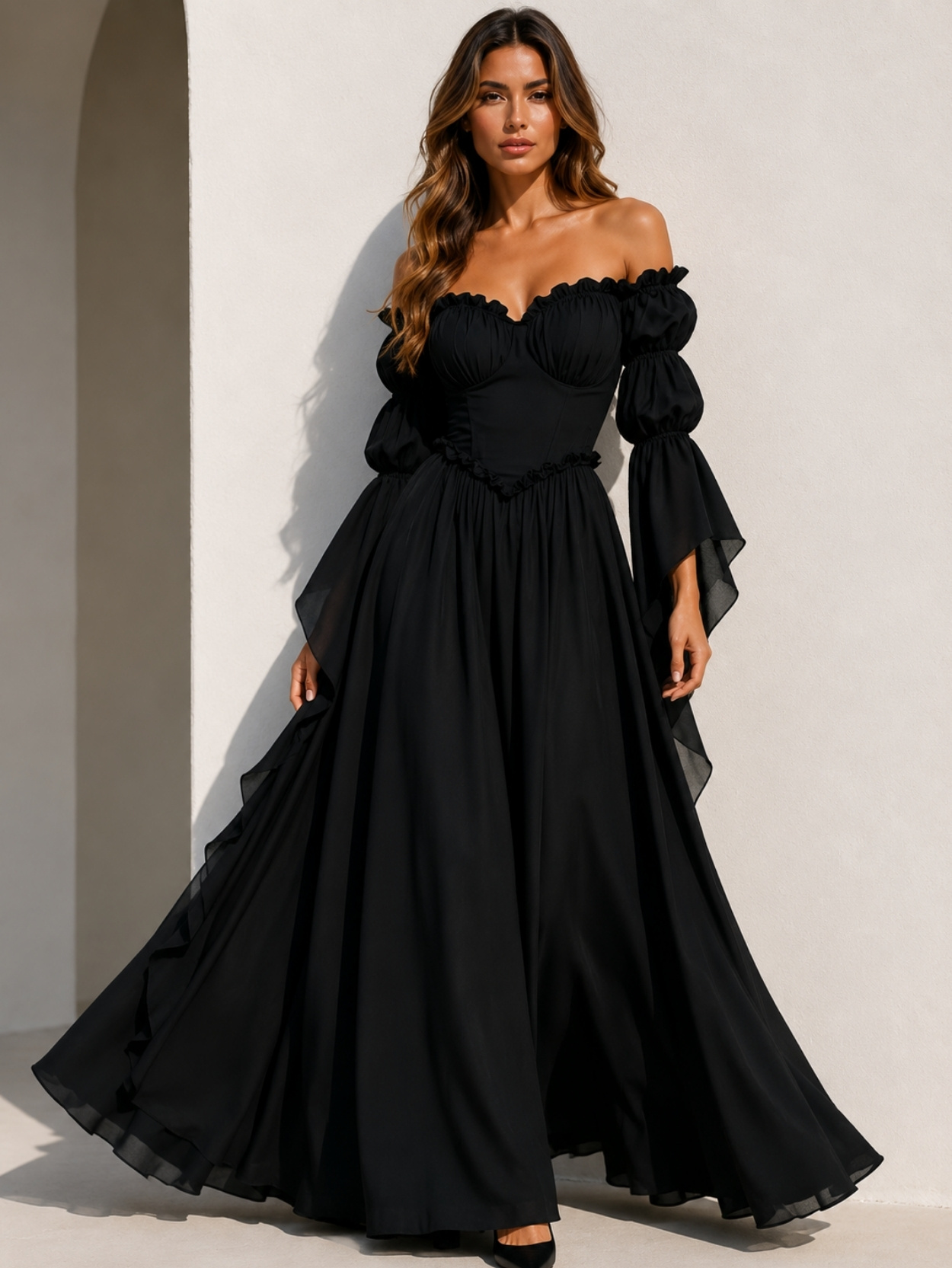 White Off Shoulder Puff Sleeve Maxi Dress SK61758 - Image 2