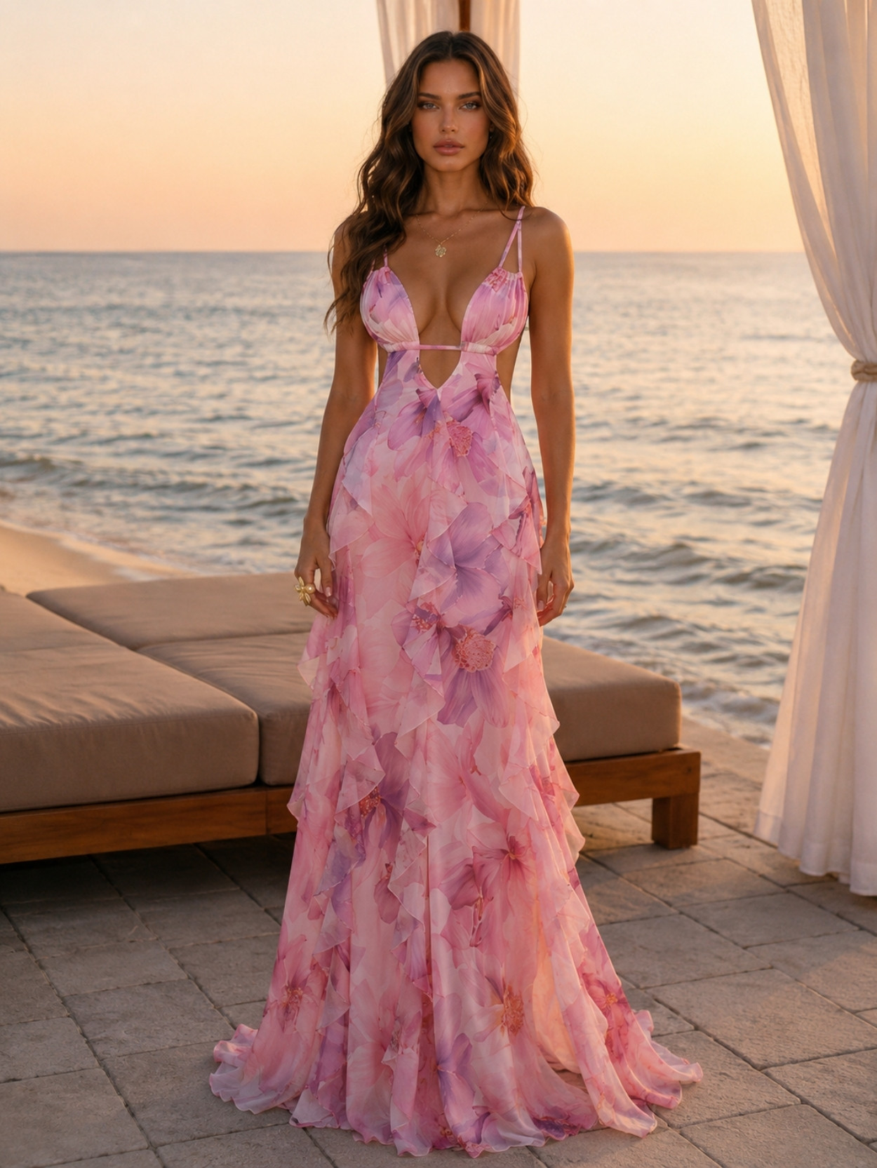 Blush Pink Floral Print Cutout Maxi Dress SK62036 - Image 5