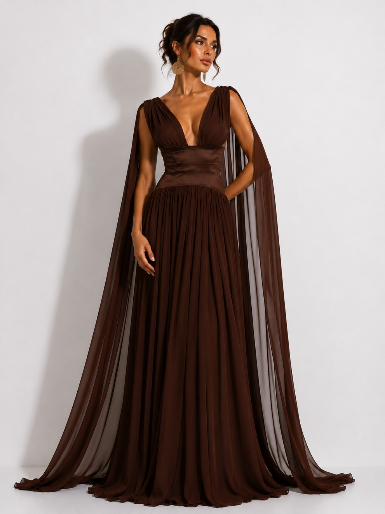 Chocolate Brown Plunge Neck Cape Sleeve Maxi Dress SK61922