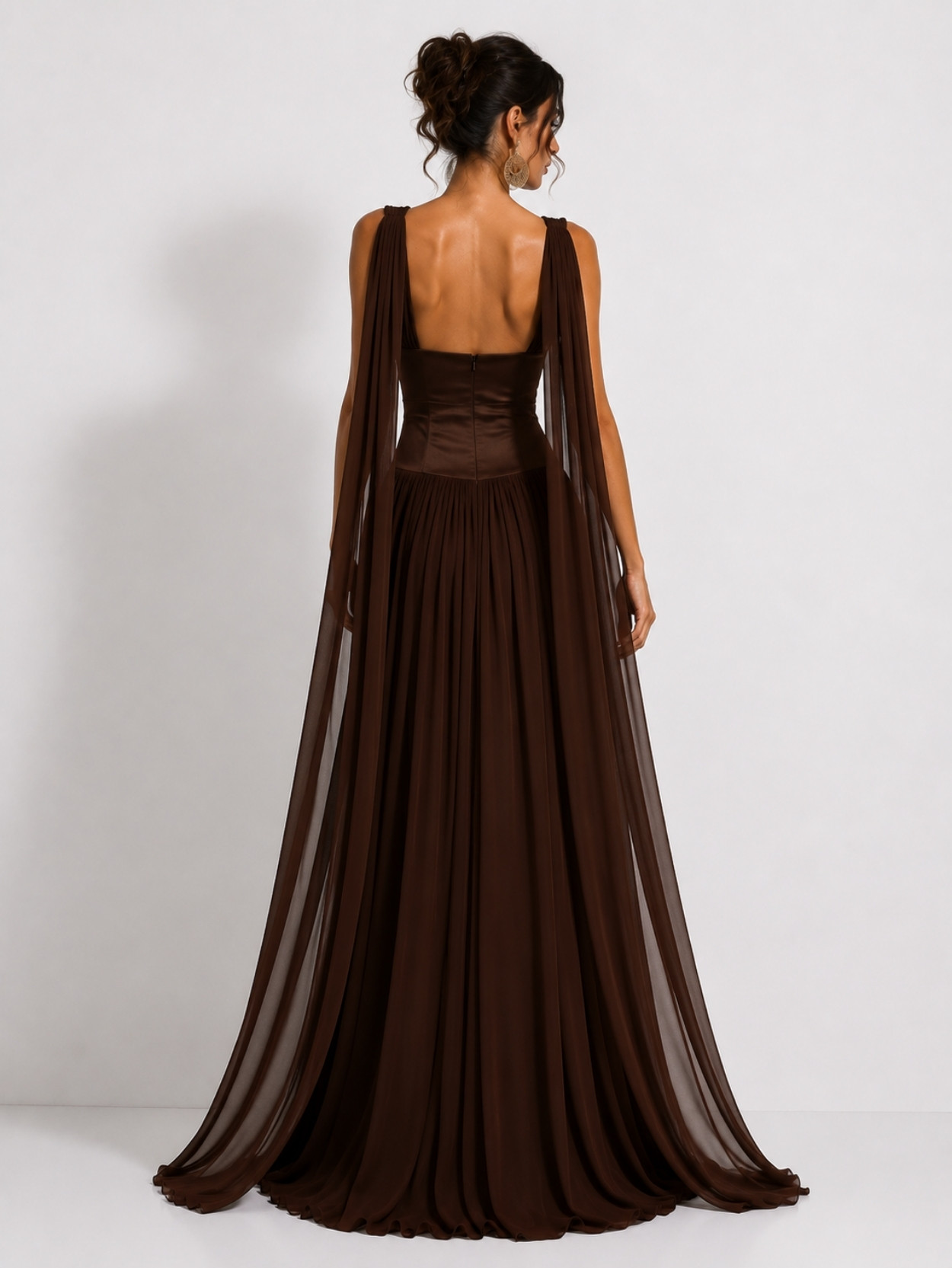 Chocolate Brown Plunge Neck Cape Sleeve Maxi Dress SK61922 - Image 4