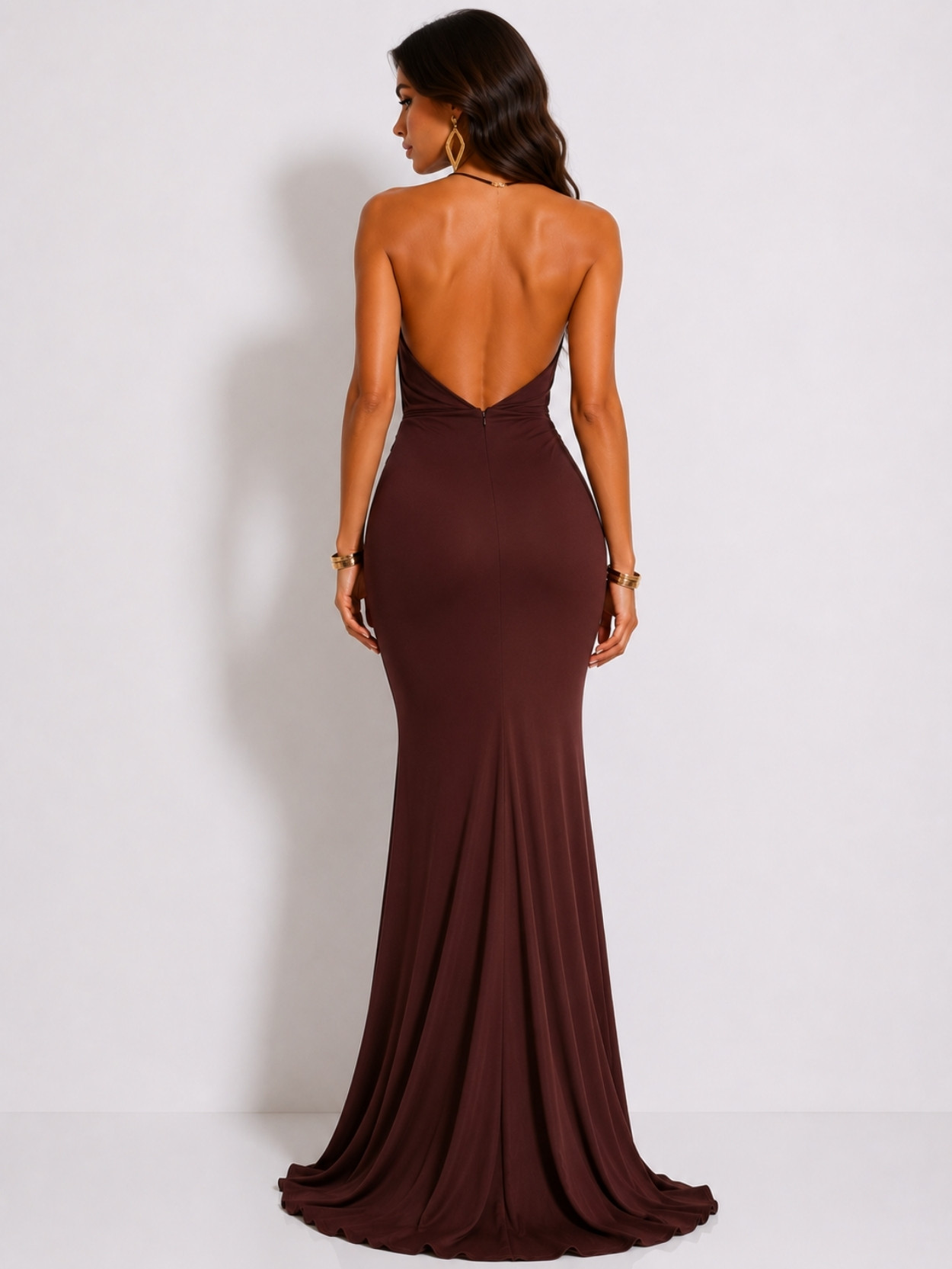 Chocolate Brown Draped Halter Evening Maxi Dress SK61901 - Image 5