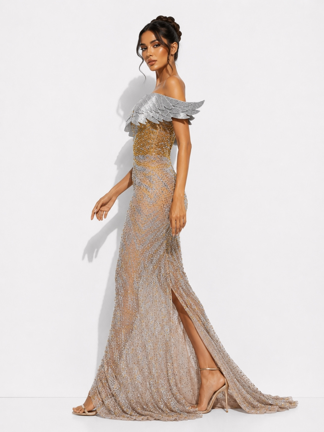 Champagne Crystal Off Shoulder Mermaid Evening Dress SK62000 - Image 3
