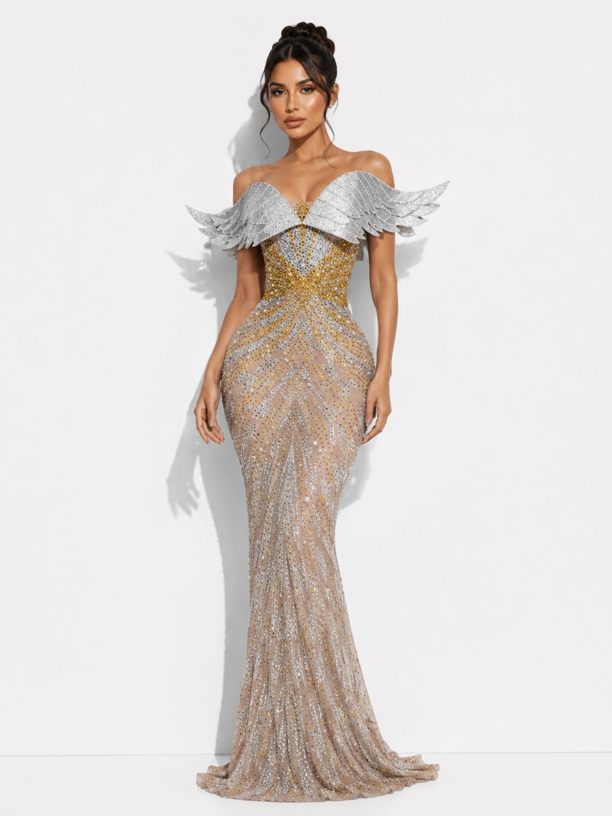 Champagne Crystal Off Shoulder Mermaid Evening Dress SK62000