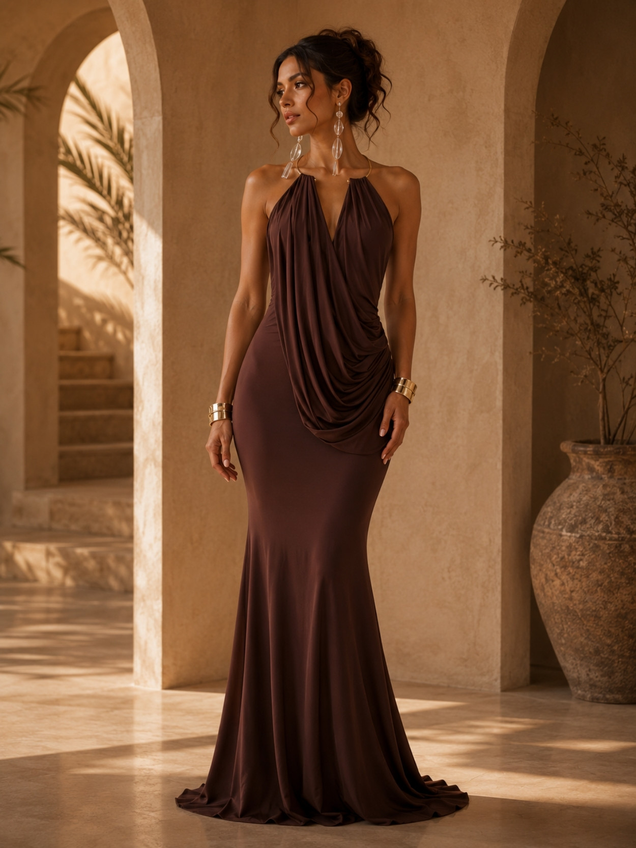 Chocolate Brown Draped Halter Evening Maxi Dress SK61901 - Image 4