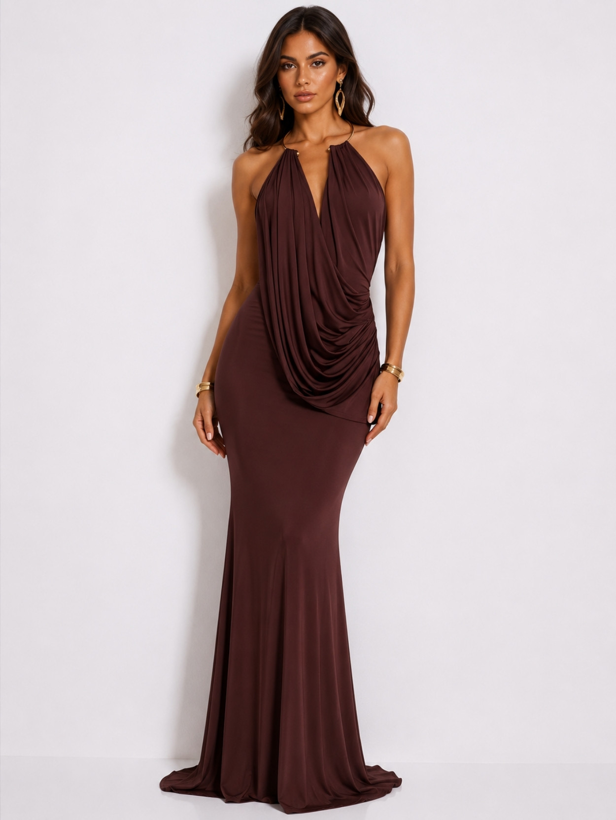 Chocolate Brown Draped Halter Evening Maxi Dress SK61901