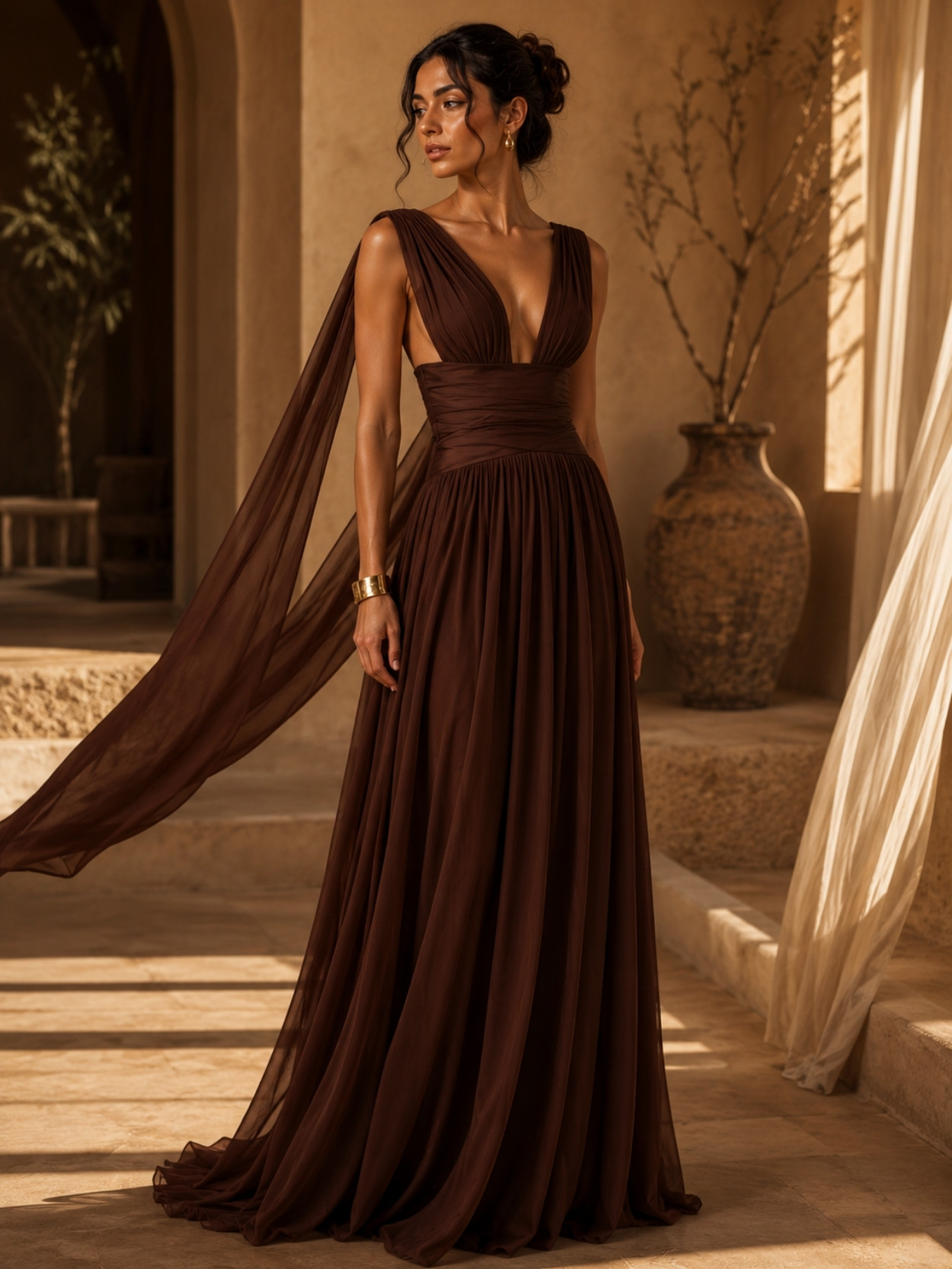 Chocolate Brown Plunge Neck Cape Sleeve Maxi Dress SK61922 - Image 5