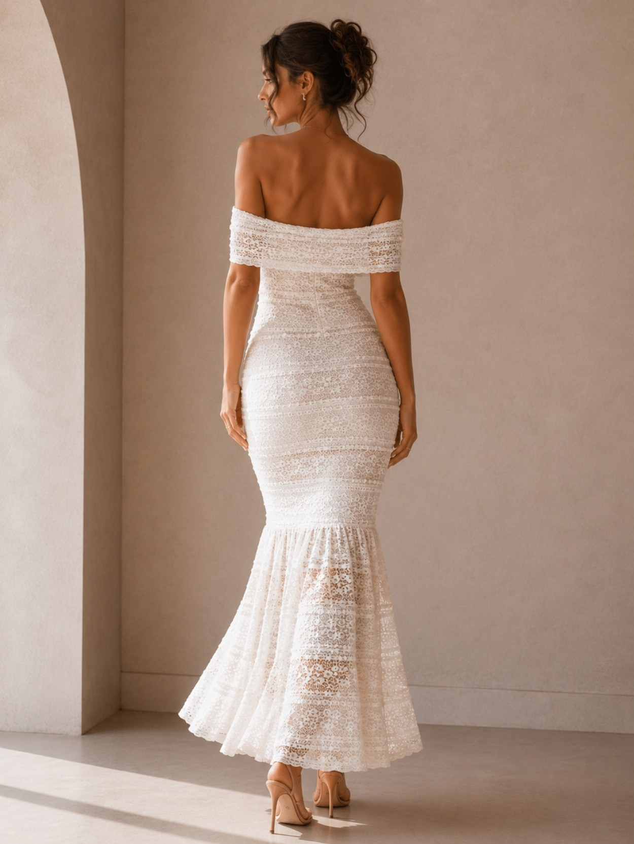 White Off Shoulder Lace Mermaid Maxi Dress SK61843 - Image 4