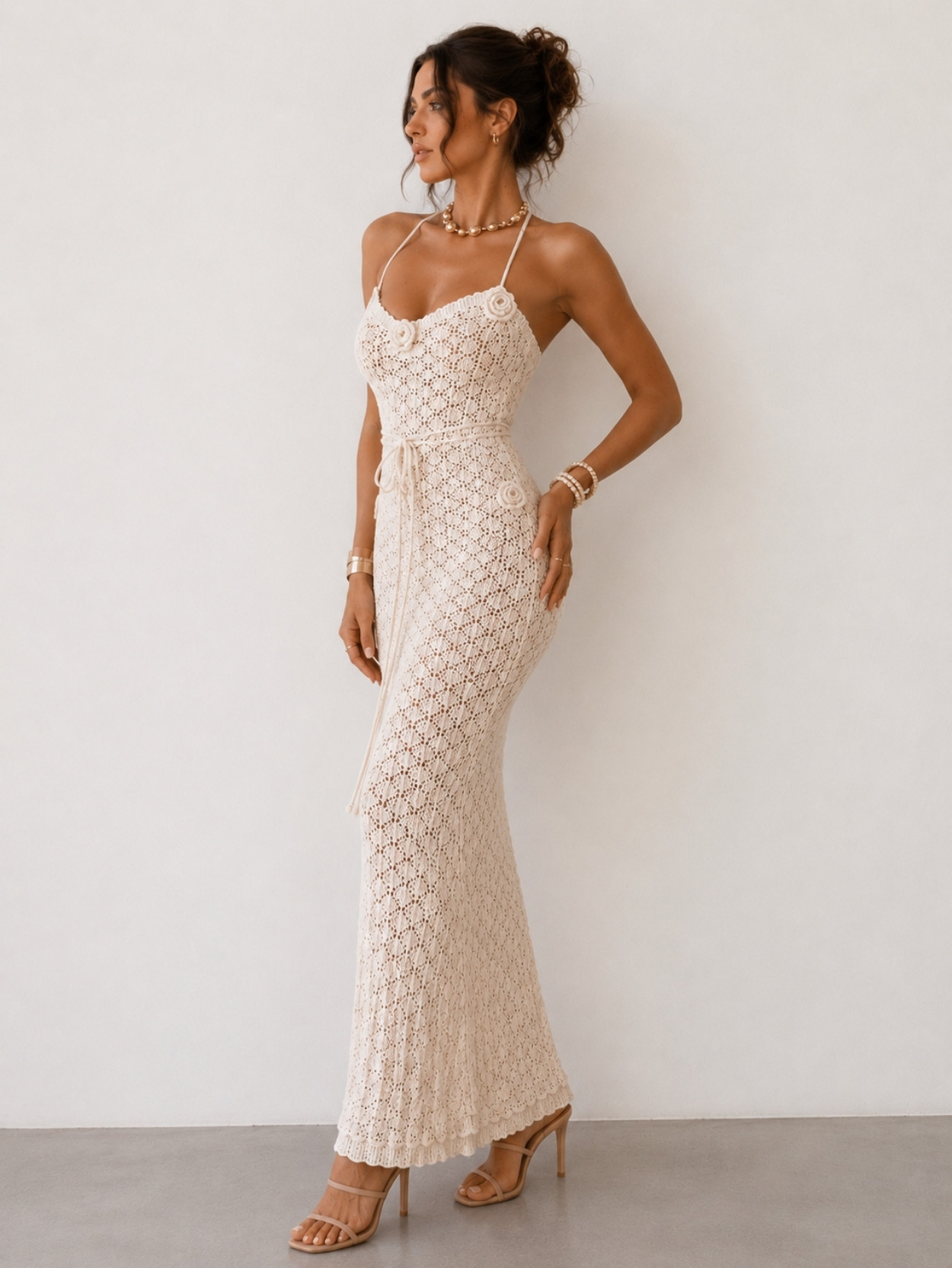 Beige Crochet Knit Bodycon Maxi Dress SK61850 - Image 3