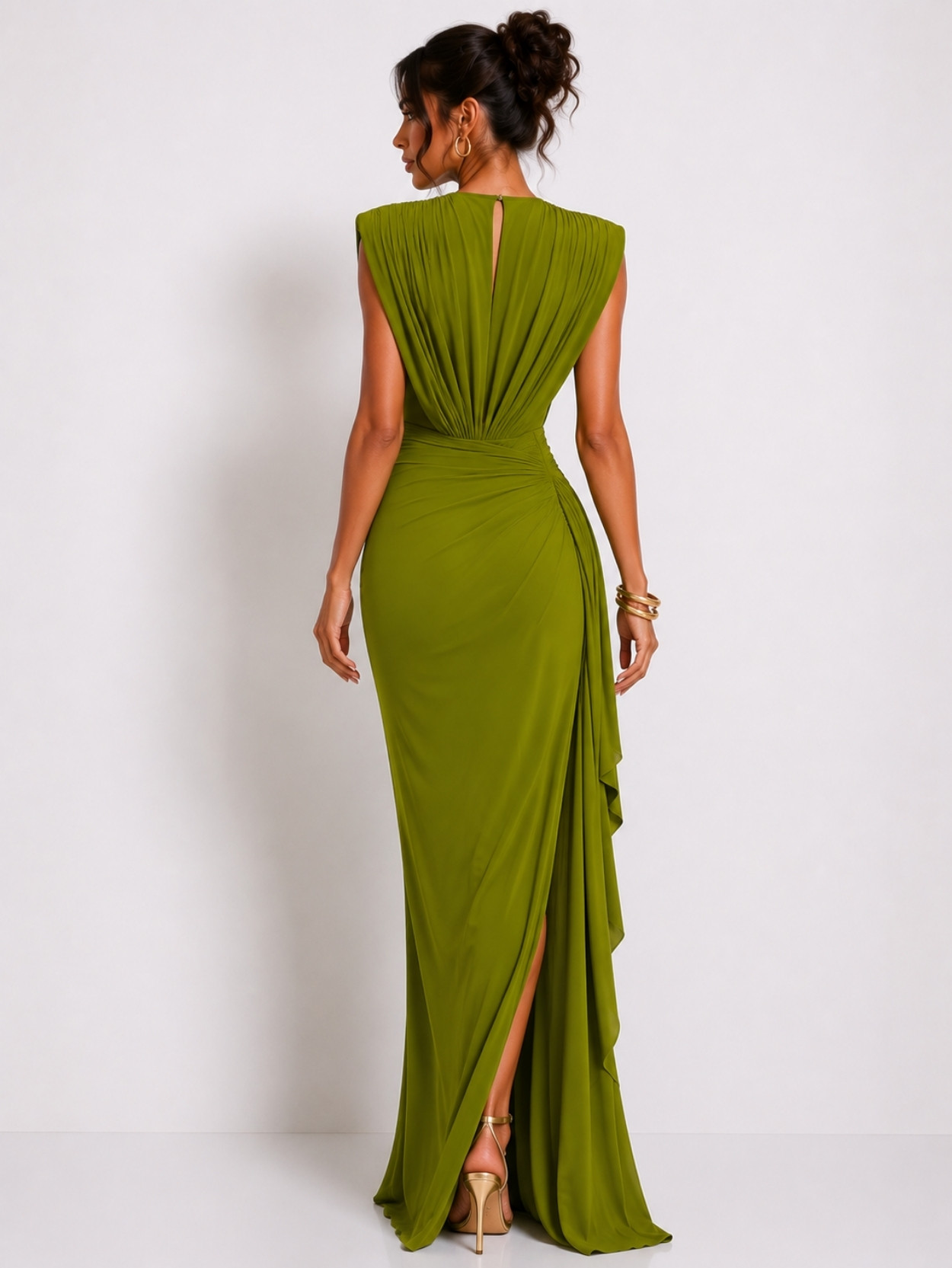 Olive Green Draped High Slit Evening Maxi Dress SK61894 - Image 3