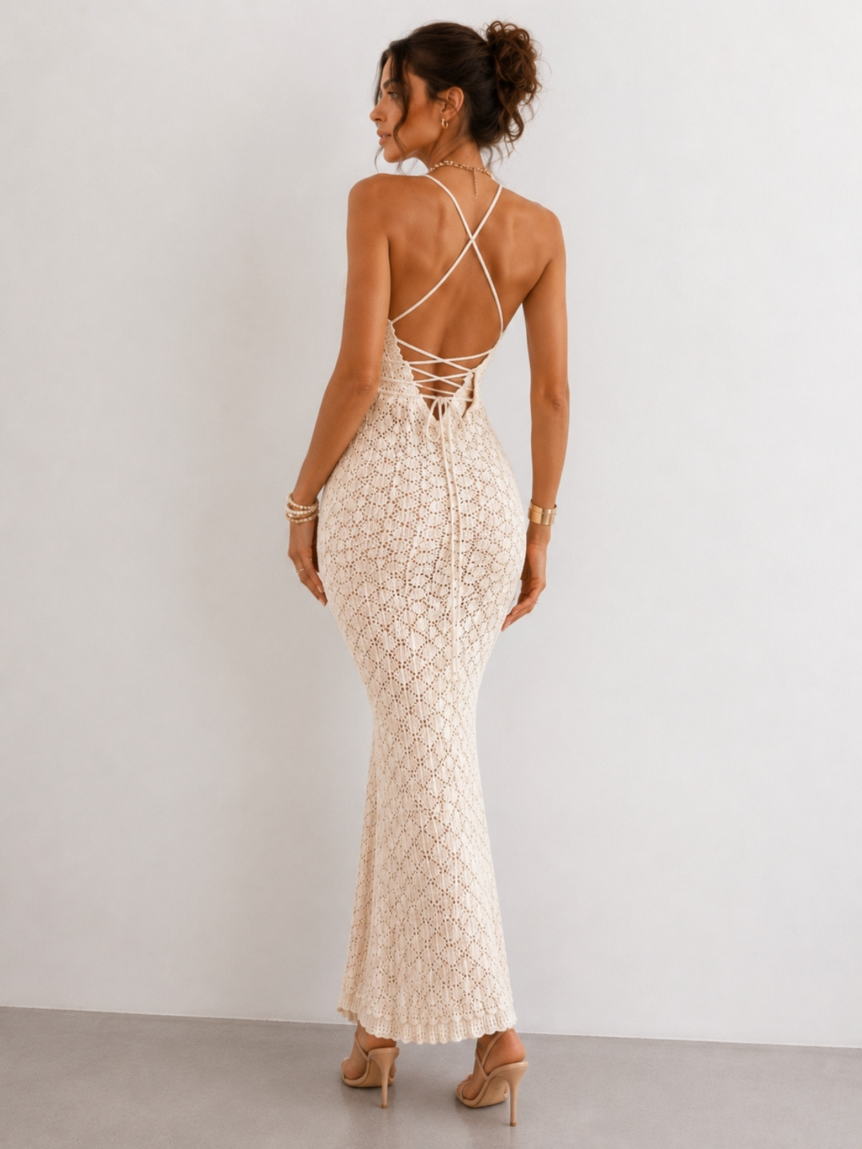 Beige Crochet Knit Bodycon Maxi Dress SK61850 - Image 4