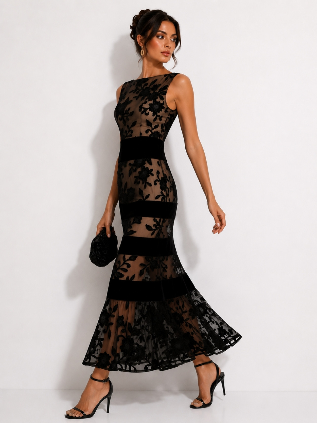 Black Floral Embroidered Mesh Midi Dress SK61908 - Image 2