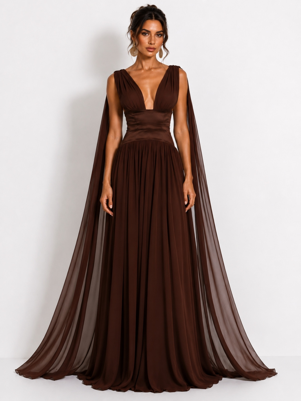 Chocolate Brown Plunge Neck Cape Sleeve Maxi Dress SK61922 - Image 2