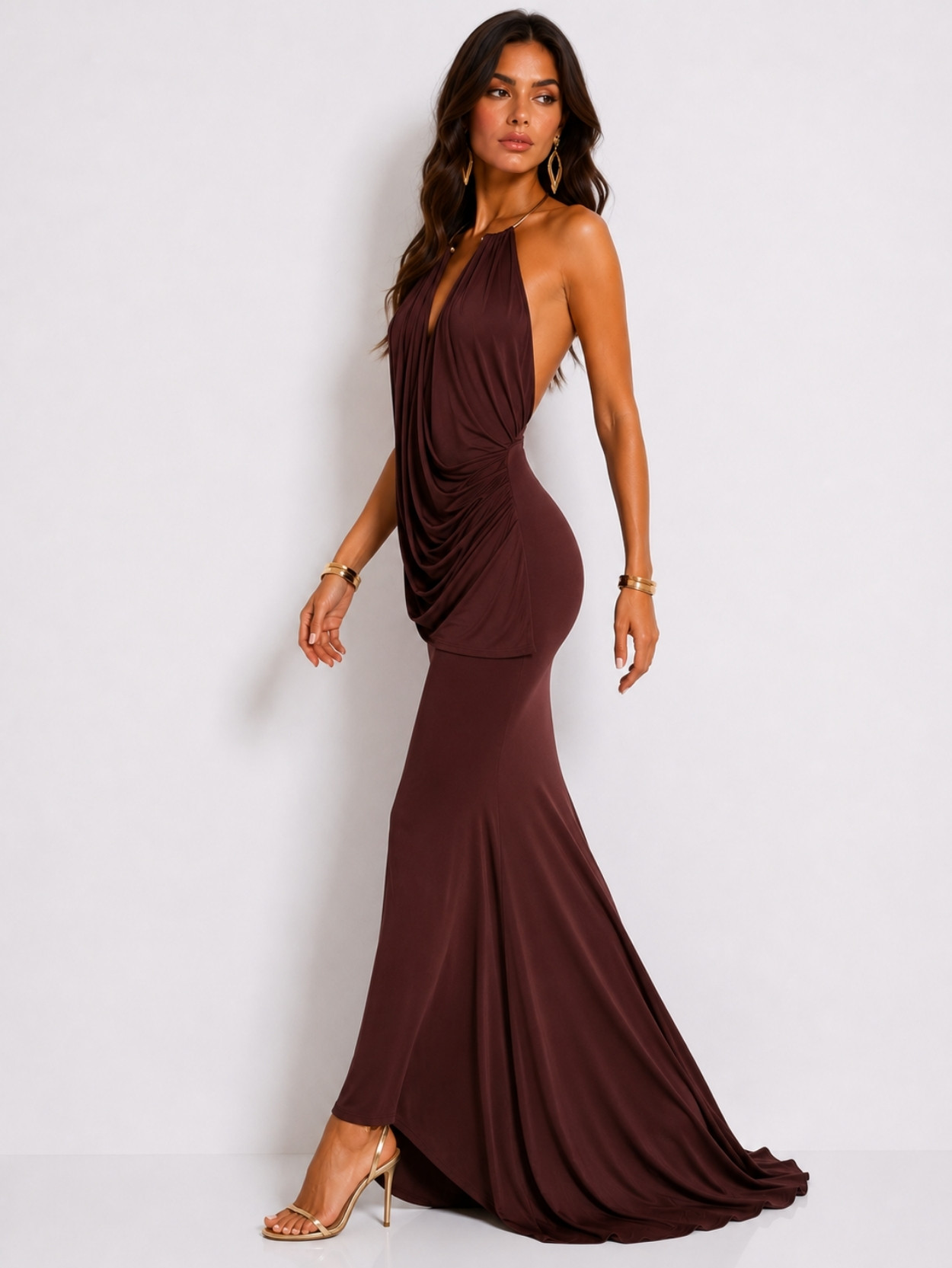 Chocolate Brown Draped Halter Evening Maxi Dress SK61901 - Image 3