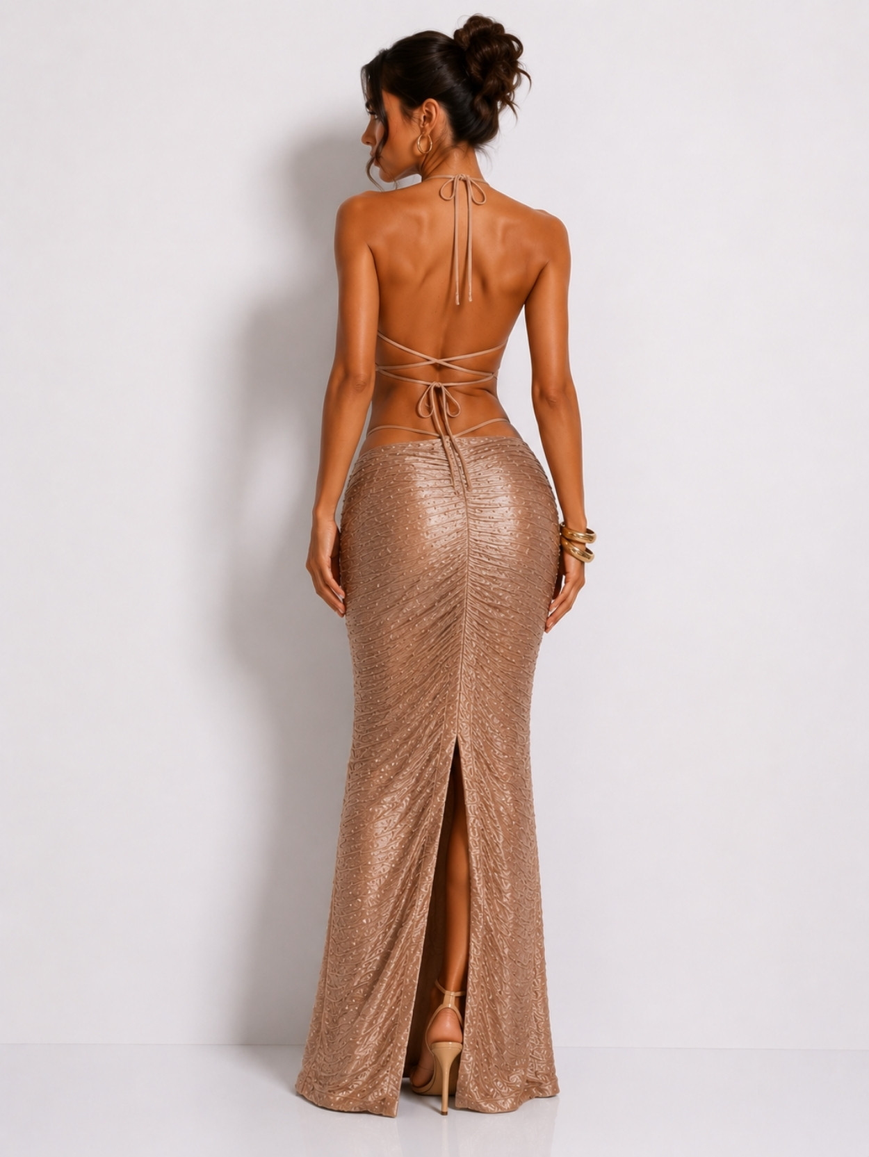 Champagne Cut Out Halter Mermaid Maxi Dress SK61888 - Image 4