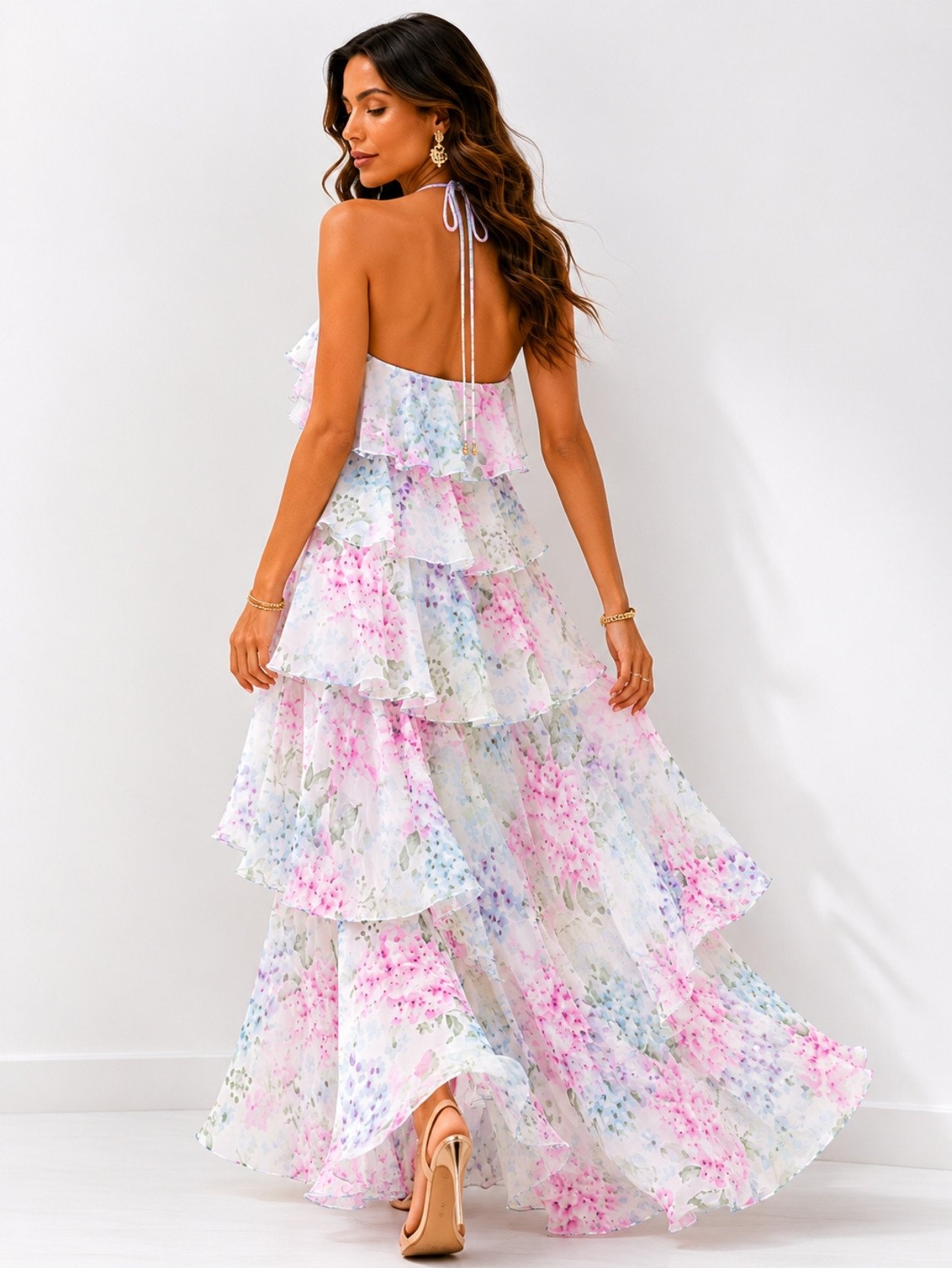 Light Blue Floral Tiered Halter Maxi Dress SK61751 - Image 5