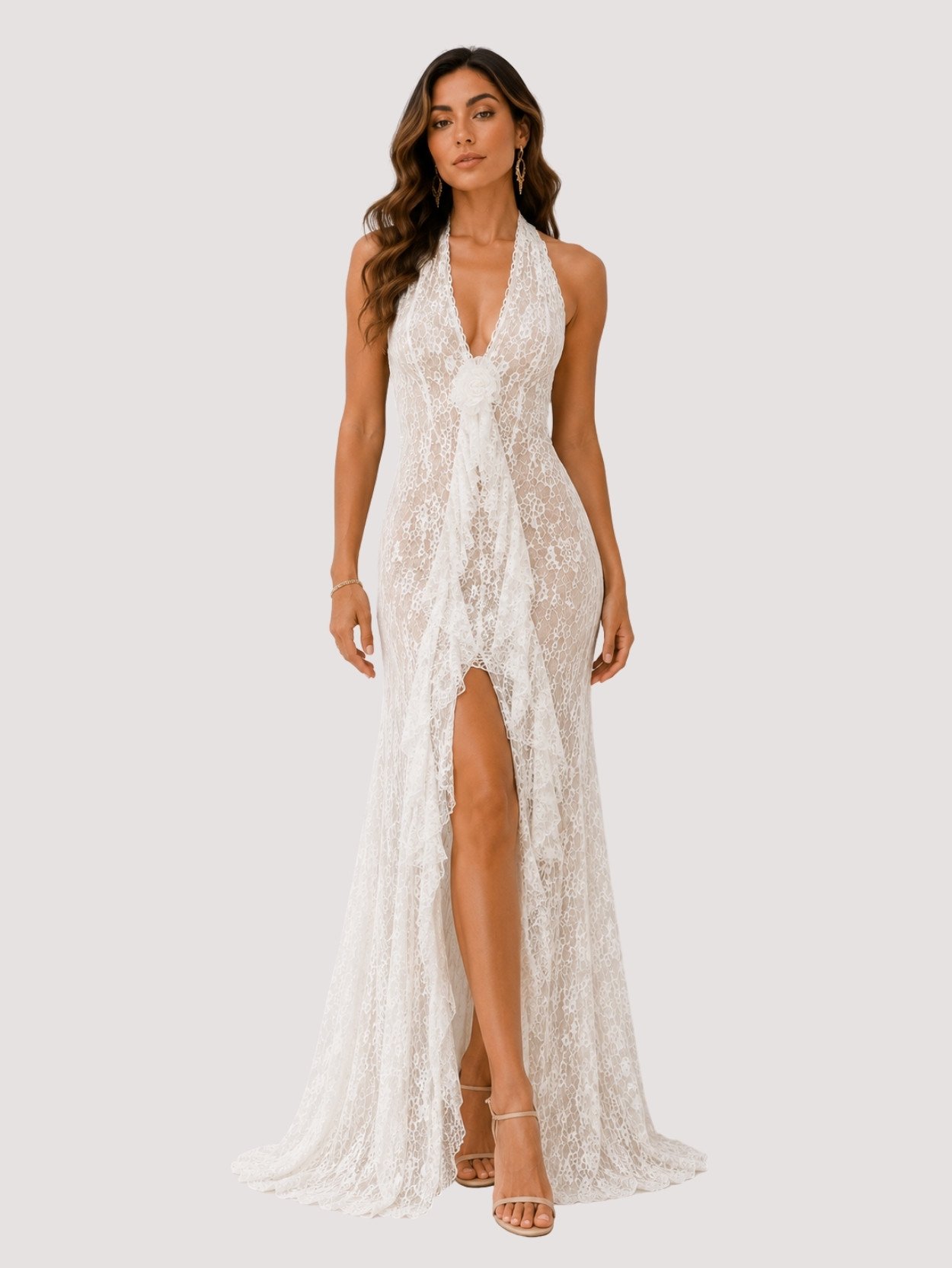Ivory Floral Lace Halter Maxi Dress SK61744