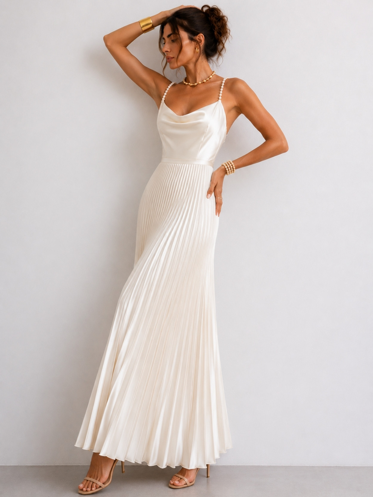 Ivory Pearl Strap Pleated Maxi Dress SK61858 - Image 3