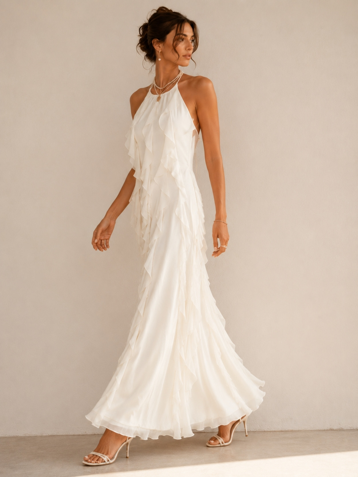 Ivory Halter Neck Tiered Ruffle Maxi Dress SK61829 - Image 3